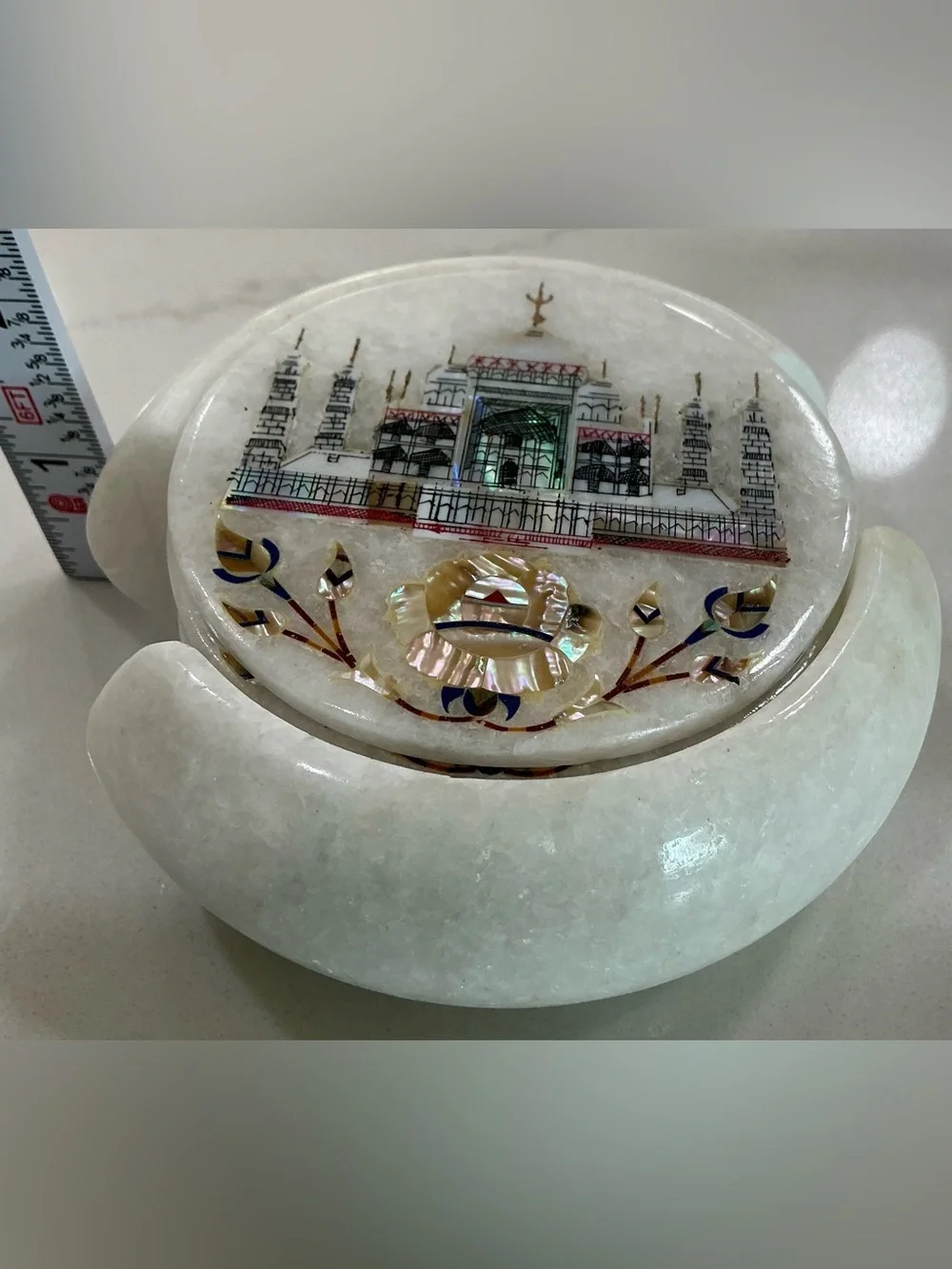Set 6 Round Marble Tea Coaster Set Taj Mahal Art Gift-able Coaster for Eid 4.5”